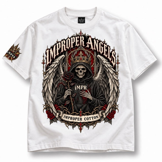 A white short-sleeve graphic t-shirt featuring a gothic grim reaper design with the text 'IMPROPER ANGELS' and 'IMPROPER COTTON'. The graphic depicts a skeletal angel in a black robe with a red crown, holding a rose, with red roses and gray wings.