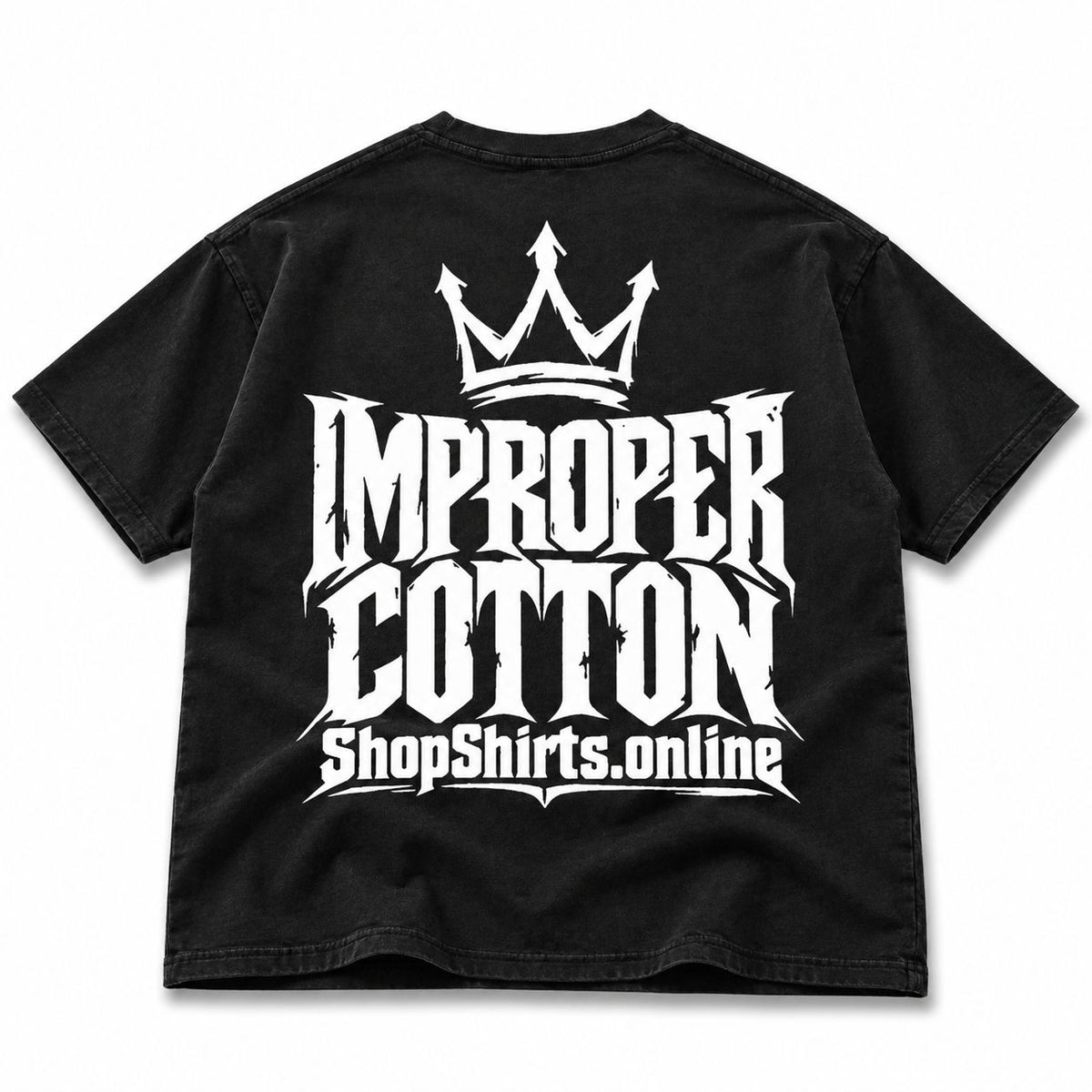 Back of black Improper Cotton graphic T-shirt featuring oversized distressed white crown logo, gothic Improper Cotton lettering and ShopShirts.online branding, alternative streetwear shirt, oversized graphic tee, dark urban fashion and independent streetwear clothing