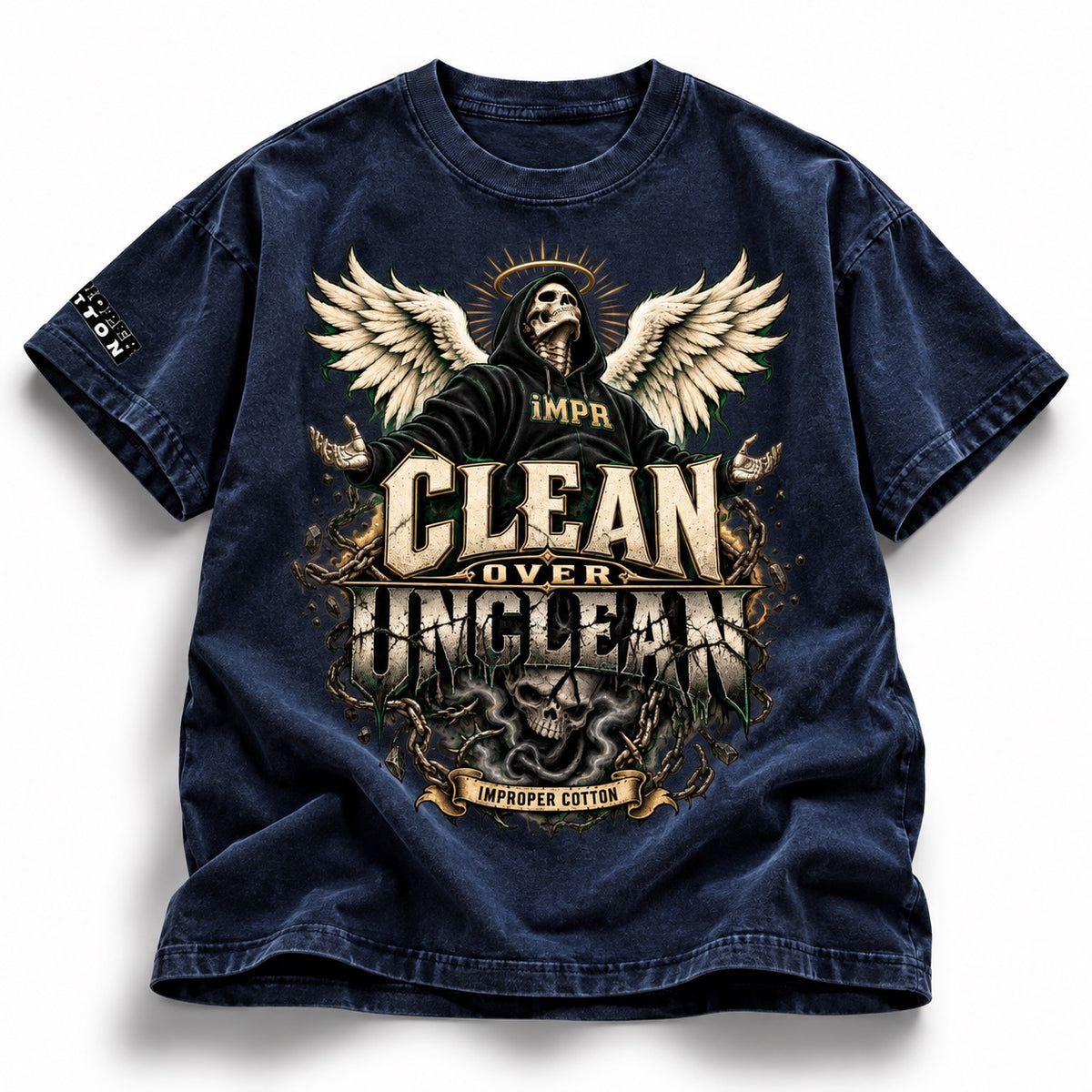 A dark navy blue short-sleeve t-shirt with a vintage-style graphic print on the front. The graphic features a winged skeleton wearing a black robe with the text 'IMPR.