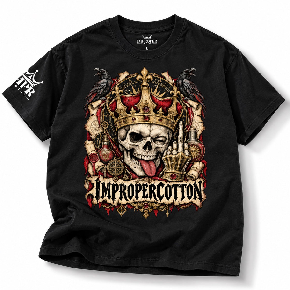 Black Improper Cotton graphic T-shirt featuring a crowned winking skull, ravens, gothic red and gold details, and middle finger artwork on a clean white background with a soft shadow.