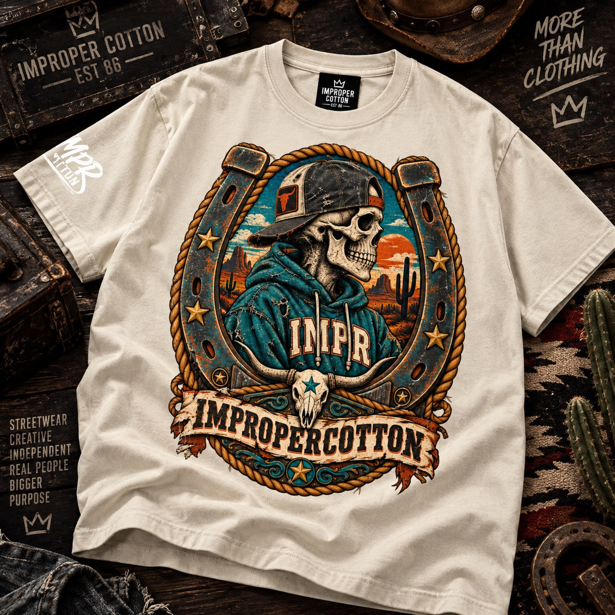 An off-white graphic t-shirt featuring a detailed western-themed print of a skeleton in a cowboy hat inside a horseshoe, with 'IMPROPERCOTTON' text, styled on a rustic dark wood background with denim and leather props.
