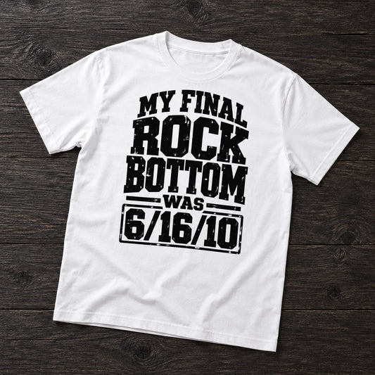 A white short-sleeve t-shirt with a distressed black graphic print reading 'MY FINAL ROCK BOTTOM WAS 6/16/10', laid flat on a dark wood background.