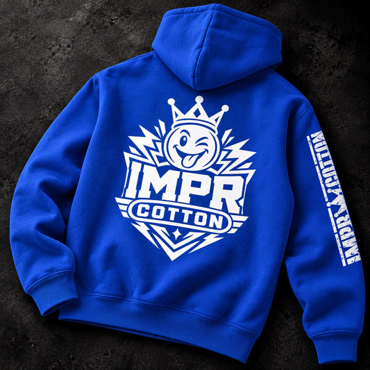 Two-panel IMPROPER COTTON royal blue Soberwear hoodie promo showing the front Soberwear logo and back IMPR Cotton crowned smiley graphic with branded sleeve details.