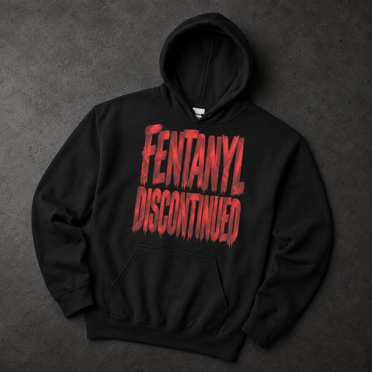 A black pullover hoodie laid flat on a dark textured background, featuring the words 'FENTANYL DISCONTINUED' printed across the chest in a distressed red font.