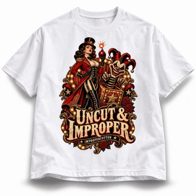 A white short-sleeve crewneck t-shirt featuring a large, detailed vintage-style graphic on the front. The graphic depicts a woman in a red dress and top hat next to a skeleton in a jester outfit, with the text 'UNCUT & IMPROPER' and 'IMPROPERCOTTON' below them.