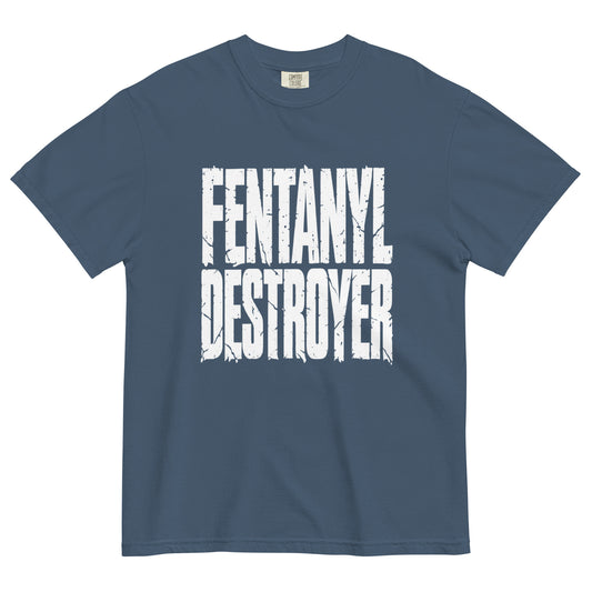 A navy blue short-sleeve t-shirt with a distressed white graphic print on the front reading 'FENTANYL DESTROYER'.