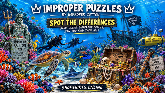 Improper Puzzles by Improper Cotton underwater spot-the-difference challenge featuring two colorful ocean scenes with sea turtles, divers, sharks, a shipwreck, treasure and 11 hidden differences.