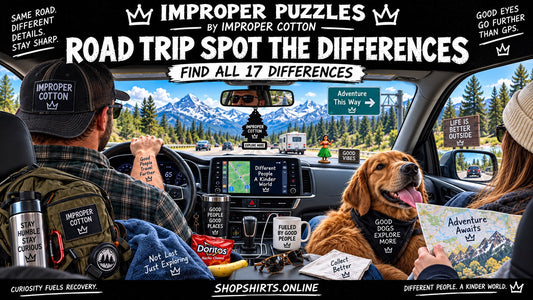 IMPROPER PUZZLES road trip spot the differences challenge by Improper Cotton featuring two mountain road trip scenes with 17 hidden differences