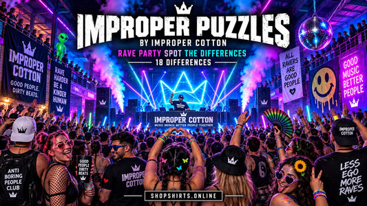 Improper Puzzles by Improper Cotton rave party spot the differences challenge featuring two colorful nightclub scenes with 18 hidden differences