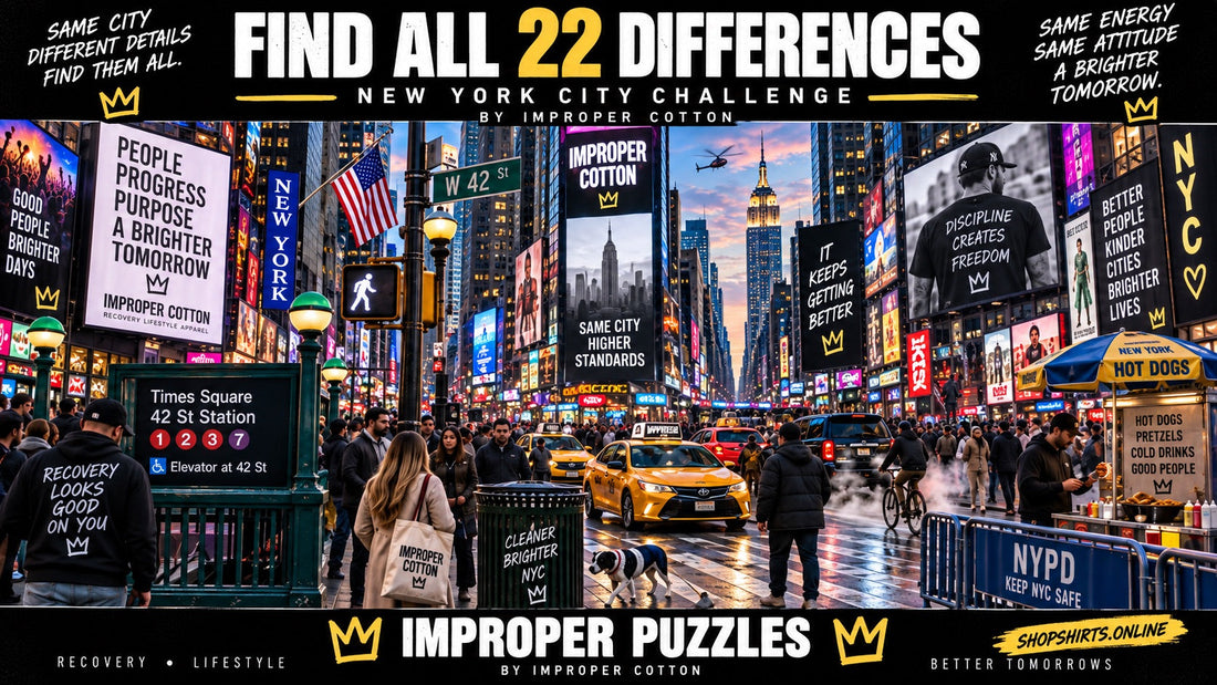 Improper Puzzles by Improper Cotton New York City spot the differences challenge featuring two detailed Times Square scenes with 22 hidden differences