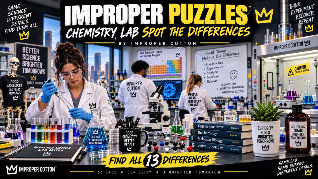 Improper Puzzles by Improper Cotton chemistry lab spot the differences challenge featuring two detailed science laboratory scenes with 13 hidden differences
