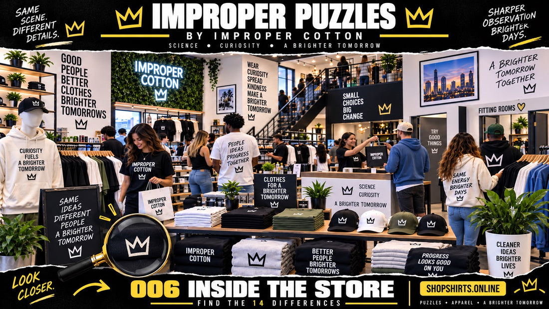 Improper Puzzles by Improper Cotton inside the store spot the differences challenge featuring two detailed retail scenes with 14 hidden differences