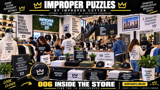 Improper Puzzles by Improper Cotton inside the store spot the differences challenge featuring two detailed retail scenes with 14 hidden differences