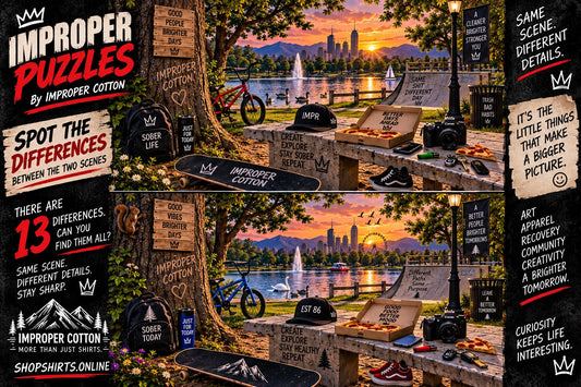 IMPROPER PUZZLES by Improper Cotton showing two detailed sunset park scenes with a lake, skyline, bicycle, skateboard and picnic table for a challenging find the 13 differences puzzle.