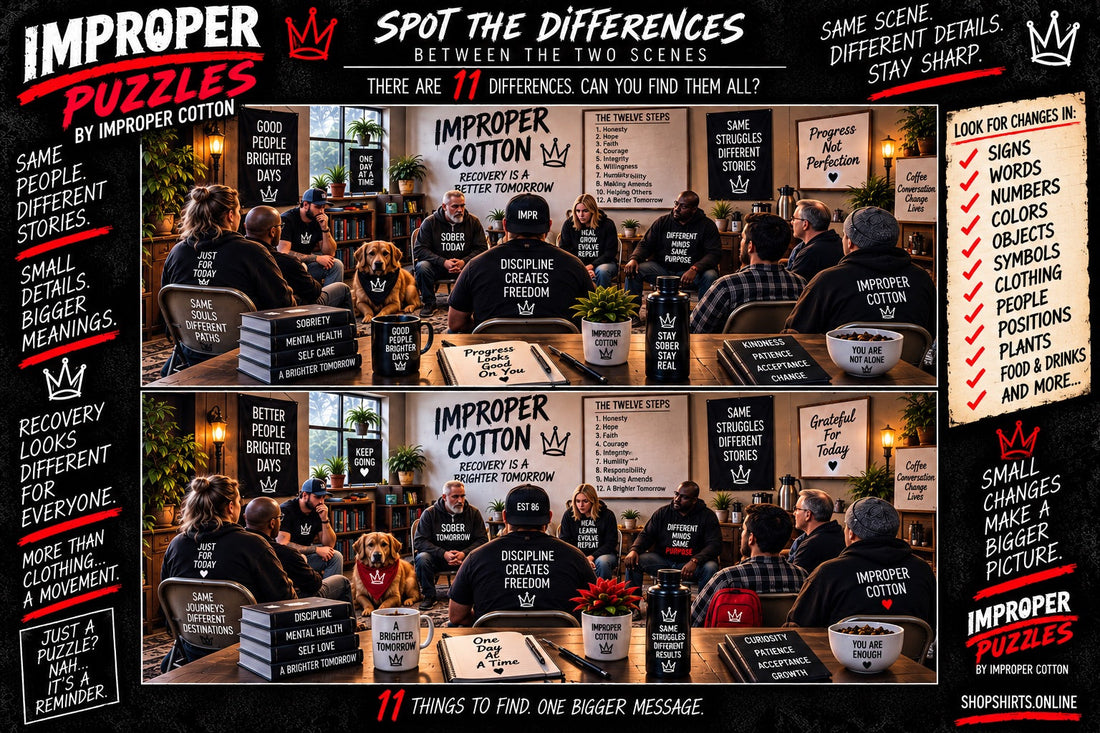IMPROPER PUZZLES by Improper Cotton Spot the Differences recovery challenge featuring two detailed scenes with 11 differences to find.