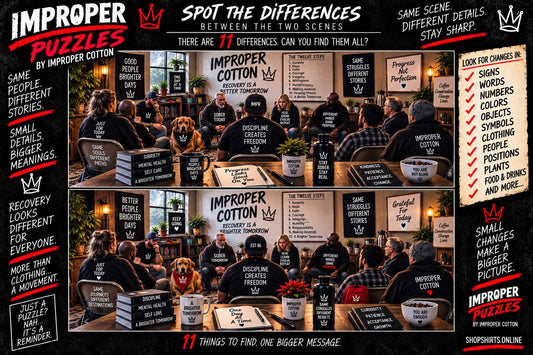 IMPROPER PUZZLES by Improper Cotton Spot the Differences recovery challenge featuring two detailed scenes with 11 differences to find.