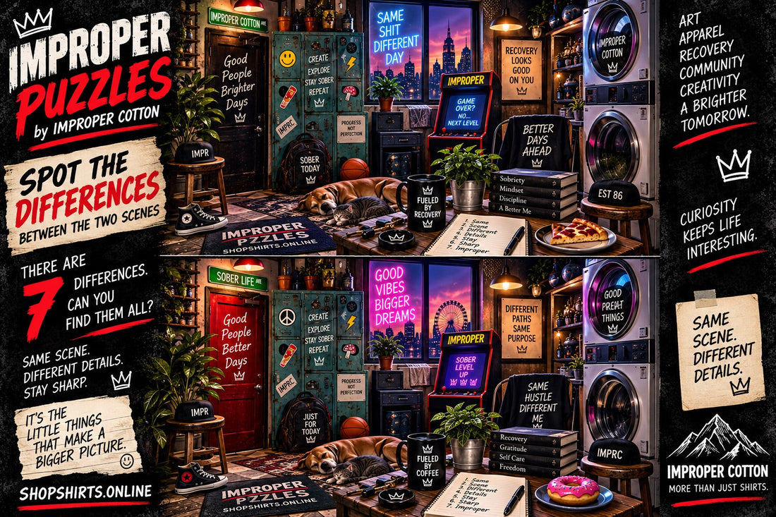 IMPROPER PUZZLES by Improper Cotton spot-the-difference challenge featuring two detailed late-night arcade, laundry and streetwear scenes with 7 hidden differences to find.