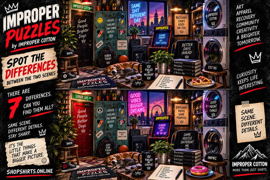 IMPROPER PUZZLES by Improper Cotton spot-the-difference challenge featuring two detailed late-night arcade, laundry and streetwear scenes with 7 hidden differences to find.
