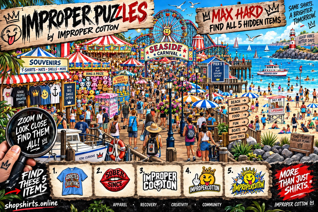 IMPROPER PUZZLES by Improper Cotton max hard seaside carnival hidden objects challenge featuring a busy boardwalk, beach, carnival rides and five hidden Improper Cotton designs to find.