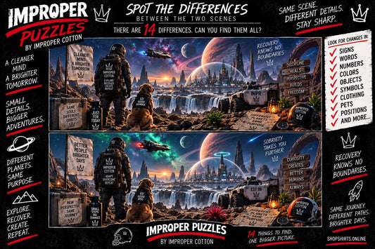 IMPROPER PUZZLES by IMPROPER COTTON spot-the-difference challenge featuring two futuristic alien planet scenes with an astronaut, dog, spacecraft and 14 differences to find.
