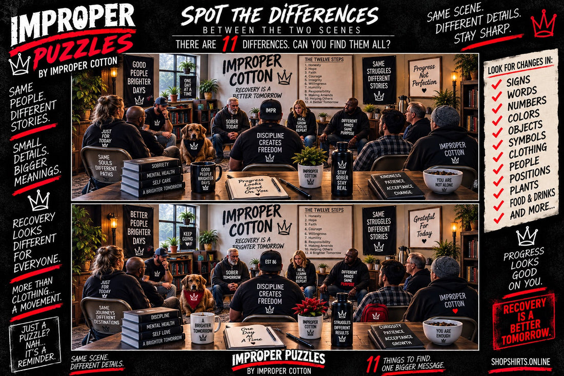 IMPROPER PUZZLES by Improper Cotton recovery meeting Spot the Differences puzzle with 11 hidden differences between two detailed scenes.