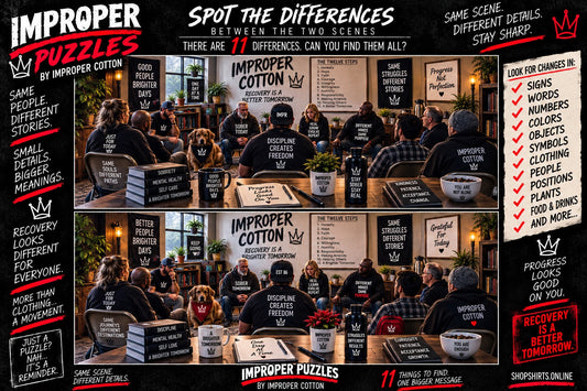 IMPROPER PUZZLES by Improper Cotton recovery meeting Spot the Differences puzzle with 11 hidden differences between two detailed scenes.