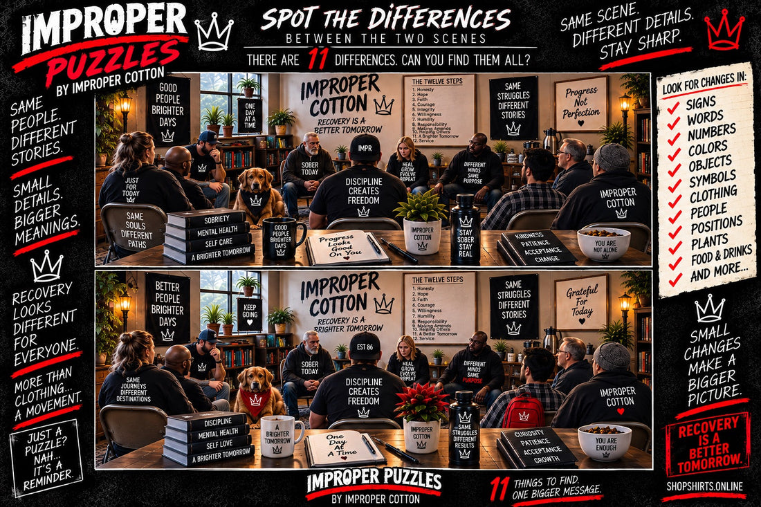 IMPROPER PUZZLES by Improper Cotton Spot the Differences visual puzzle featuring two detailed scenes with hidden changes to find.