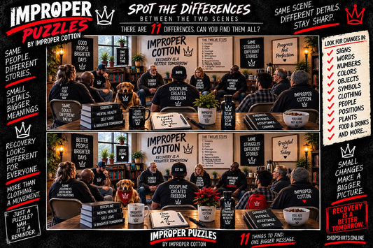 IMPROPER PUZZLES by Improper Cotton Spot the Differences visual puzzle featuring two detailed scenes with hidden changes to find.