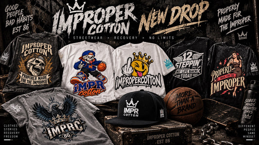 Improper Cotton new streetwear collection featuring vintage graphic tees, recovery apparel, skull designs and IMPR Cotton streetwear.