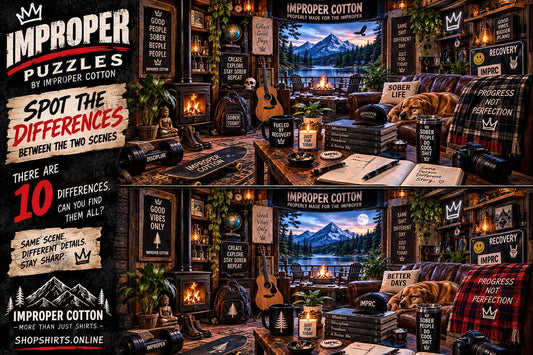 Improper Puzzles spot the differences challenge by Improper Cotton featuring two detailed cozy cabin scenes with 10 hidden differences to find.