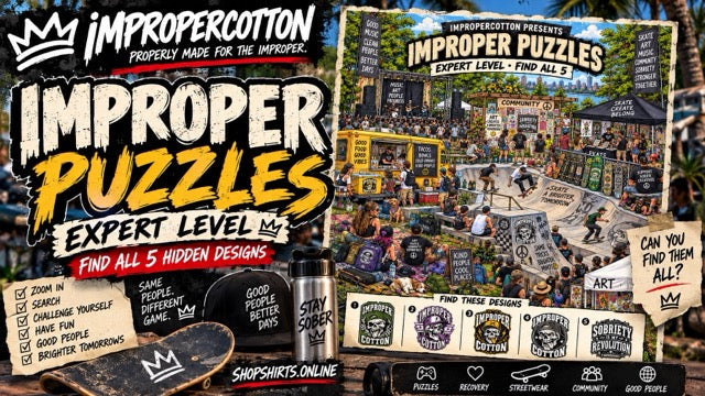 Improper Puzzles expert hidden object challenge featuring a busy outdoor skatepark, art and music festival with five Improper Cotton designs to find.