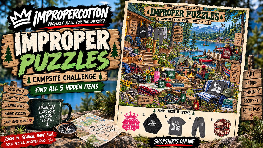 Improper Puzzles Campsite Challenge by ImproperCotton featuring a detailed lakeside camping scene with five hidden ImproperCotton and sobriety-themed items to find.