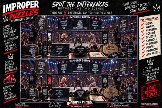 Improper Puzzles by Improper Cotton fight night spot the differences challenge featuring two MMA arena scenes with 9 hidden differences to find.