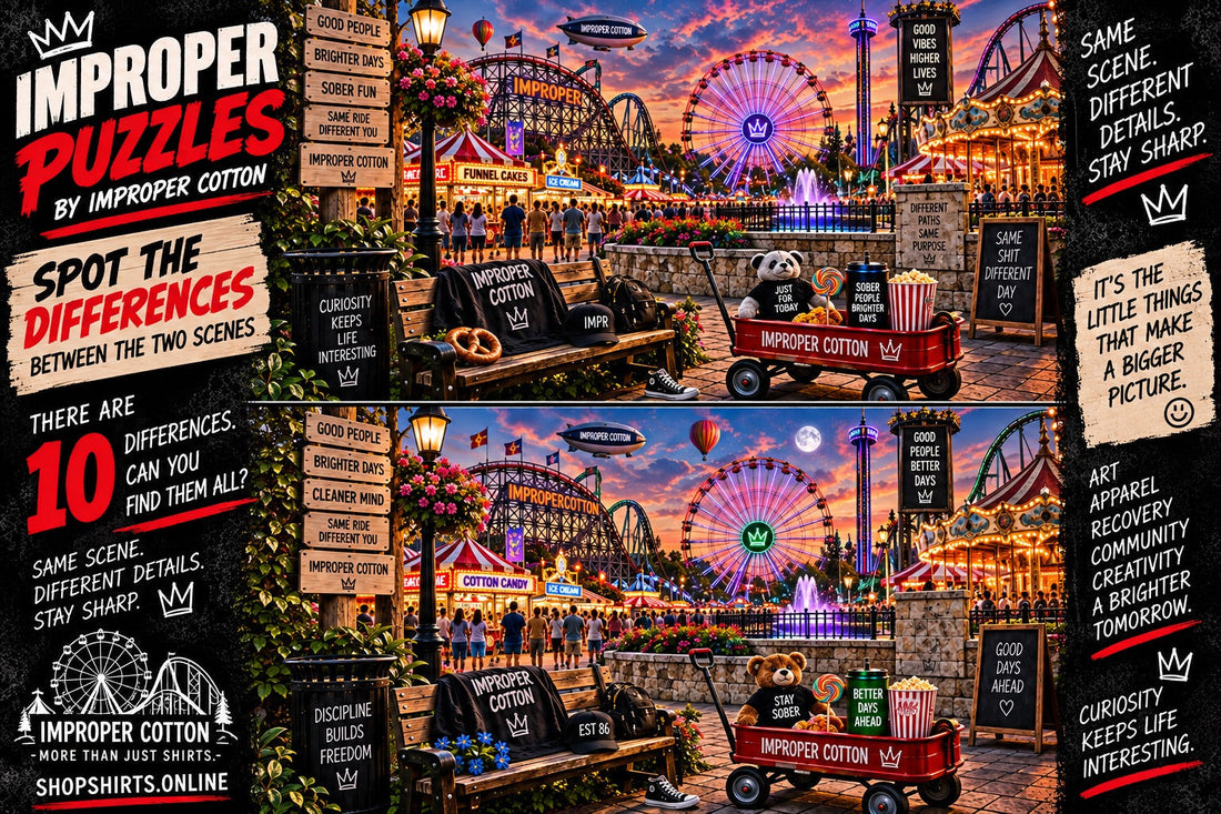 Improper Puzzles by Improper Cotton spot-the-difference challenge featuring two detailed amusement park scenes with 10 hidden differences to find.