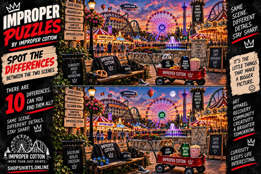 Improper Puzzles by Improper Cotton spot-the-difference challenge featuring two detailed amusement park scenes with 10 hidden differences to find.