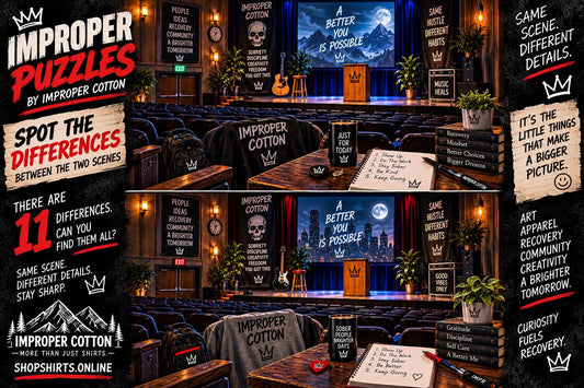 Improper Puzzles spot the difference auditorium challenge by Improper Cotton featuring two detailed theater scenes with 11 differences to find.
