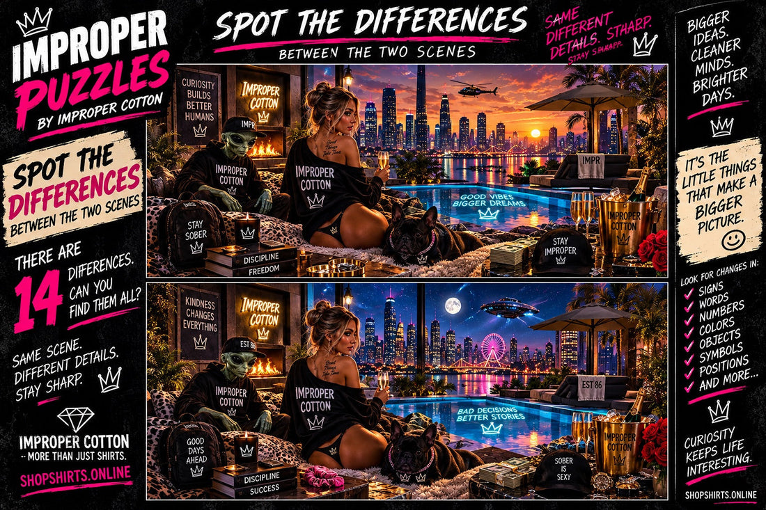 IMPROPER PUZZLES by Improper Cotton spot-the-difference challenge featuring two luxury rooftop city scenes with 14 hidden differences to find.