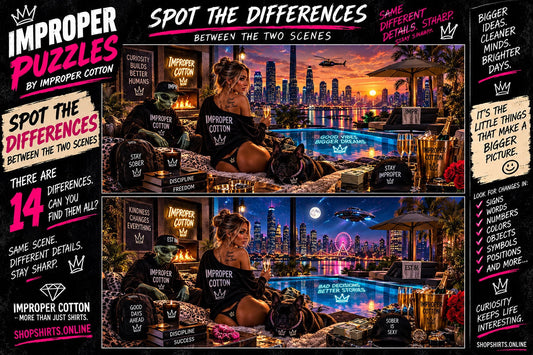 IMPROPER PUZZLES by Improper Cotton spot-the-difference challenge featuring two luxury rooftop city scenes with 14 hidden differences to find.