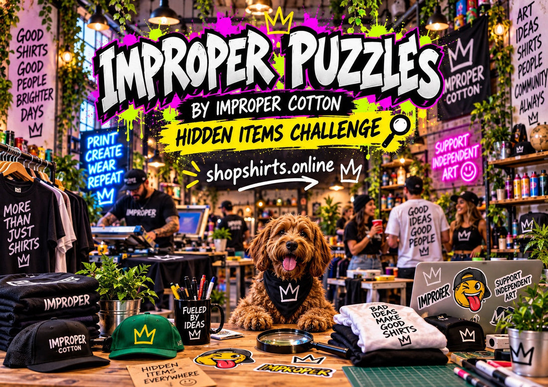 Improper Puzzles hidden items challenge by Improper Cotton featuring a colorful creative streetwear shop, branded apparel, recovery-inspired details, and hidden objects to find at shopshirts.online.