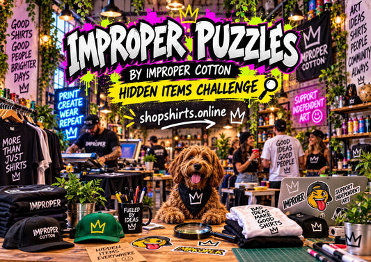 Improper Puzzles hidden items challenge by Improper Cotton featuring a colorful creative streetwear shop, branded apparel, recovery-inspired details, and hidden objects to find at shopshirts.online.