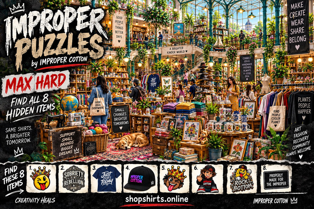 Improper Puzzles by Improper Cotton max hard hidden object challenge featuring a busy vintage marketplace with 8 hidden Improper Cotton designs to find.