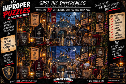 IMPROPER PUZZLES by Improper Cotton medieval spot-the-difference challenge featuring two moonlit castle-town scenes with 19 hidden differences to find.