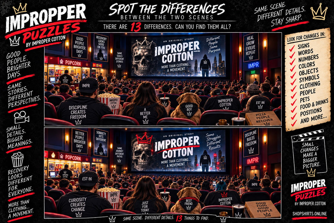 Improper Puzzles by Improper Cotton movie theater spot the differences challenge featuring two crowded cinema scenes with 13 hidden differences to find.