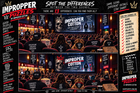 Improper Puzzles by Improper Cotton movie theater spot the differences challenge featuring two crowded cinema scenes with 13 hidden differences to find.