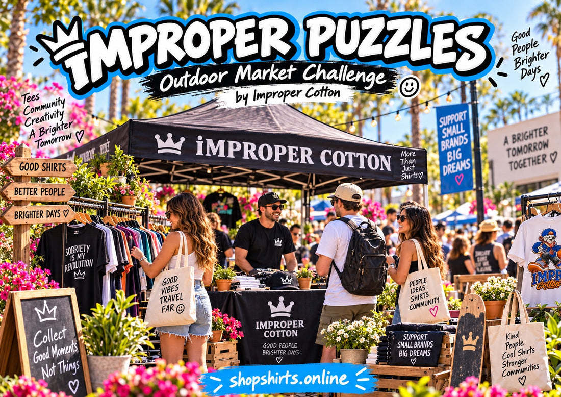 Improper Puzzles Outdoor Market Challenge by Improper Cotton featuring a colorful streetwear market scene with five hidden designs to find, branded with shopshirts.online.