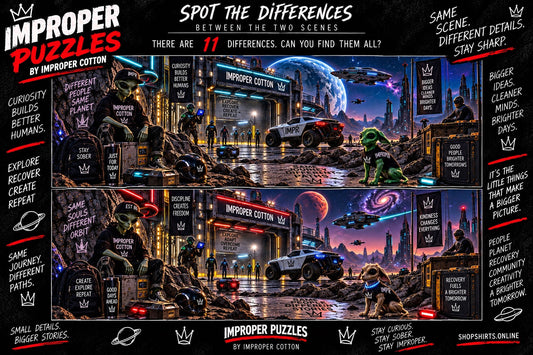 Improper Puzzles by Improper Cotton outer space spot-the-difference challenge featuring two futuristic alien base scenes with 11 hidden differences