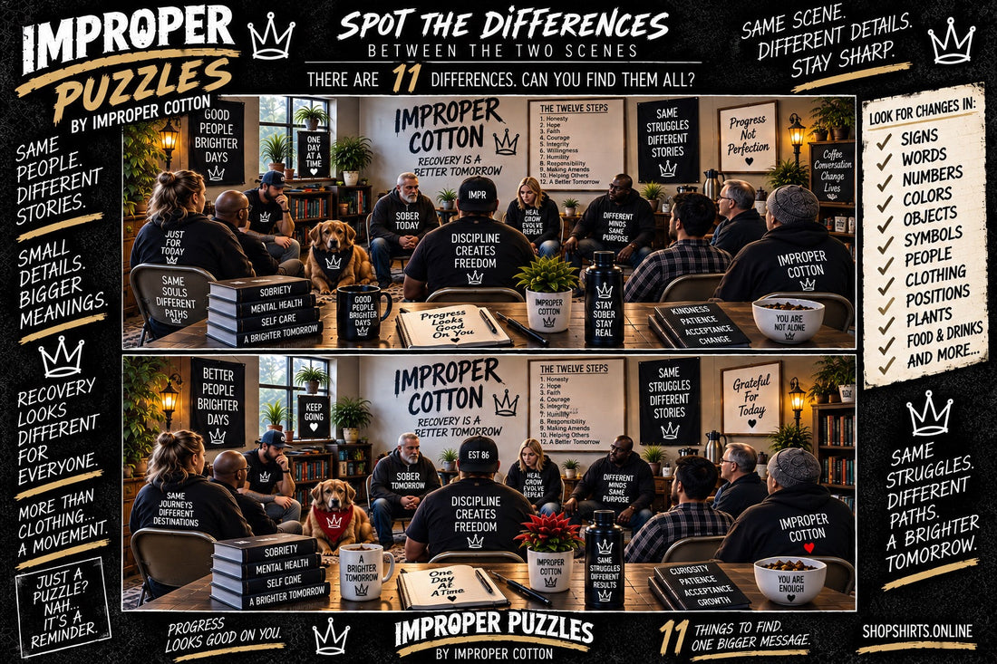 Improper Puzzles recovery meeting spot the difference challenge by Improper Cotton featuring two similar scenes with 11 hidden differences.