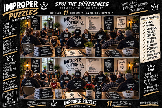 Improper Puzzles recovery meeting spot the difference challenge by Improper Cotton featuring two similar scenes with 11 hidden differences.