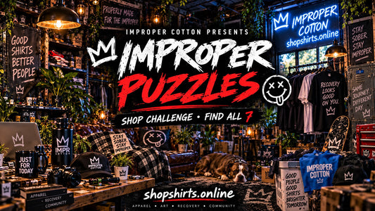 Improper Puzzles Shop Challenge featured image by Improper Cotton showing a detailed streetwear shop scene for a find-all-7 hidden items puzzle, branded with shopshirts.online.