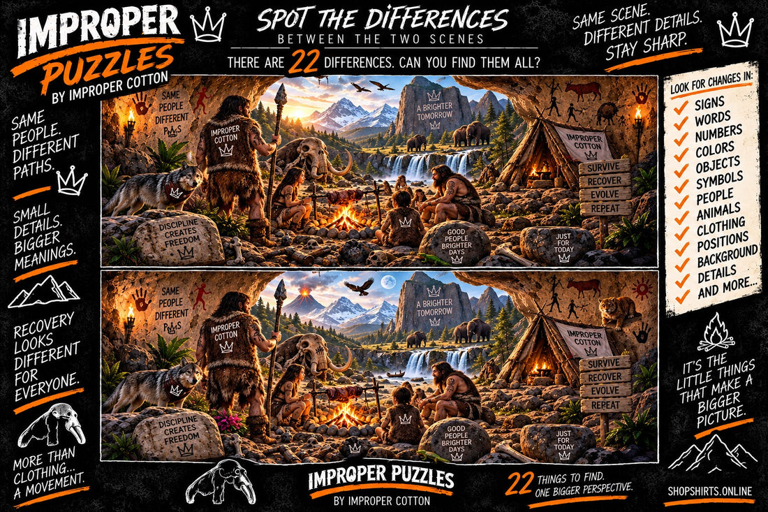 Improper Puzzles by Improper Cotton Stone Age spot the difference challenge featuring two detailed prehistoric cave scenes with 22 differences to find.